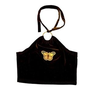 Ultimate 90’s Velvet Butterfly Halter Ring Tie Neck Loop Butterfly Black Velour